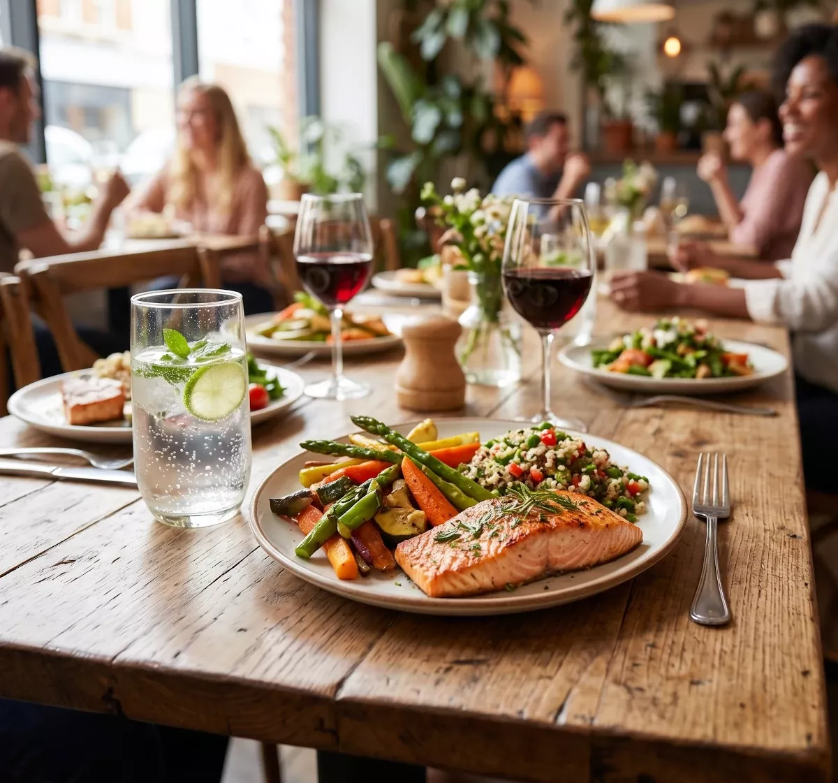 Restaurant View of a wooden table with a healthy meal