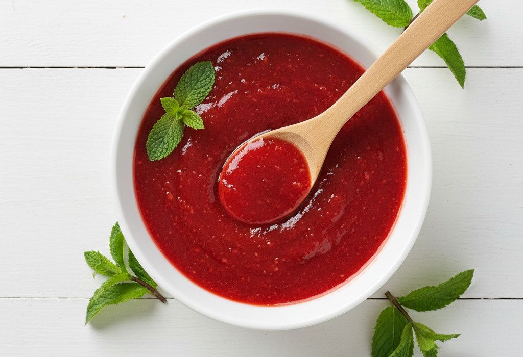 HOMEMADE SUGAR FREE STRAWBERRY SAUCE IN A WHITE BOWL