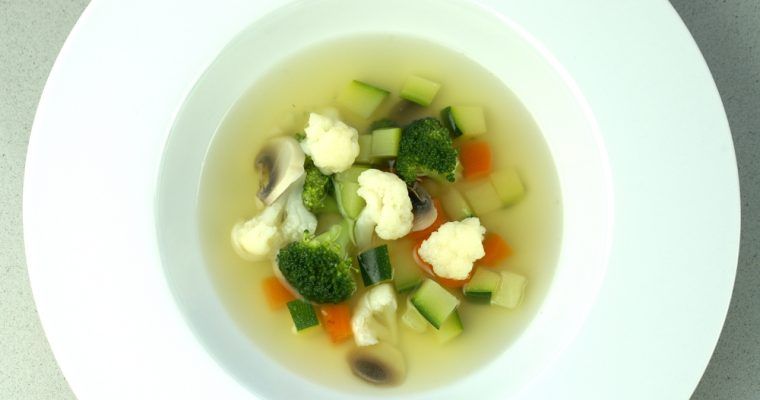 vegetable soup in a white bowl