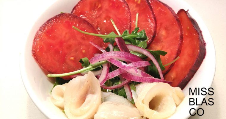 blue tomato salad and smoked cod