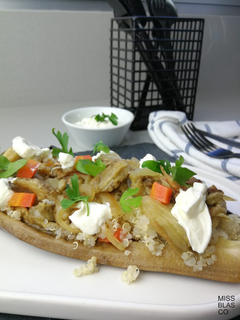 quinoa stuffed eggplant and sour cream