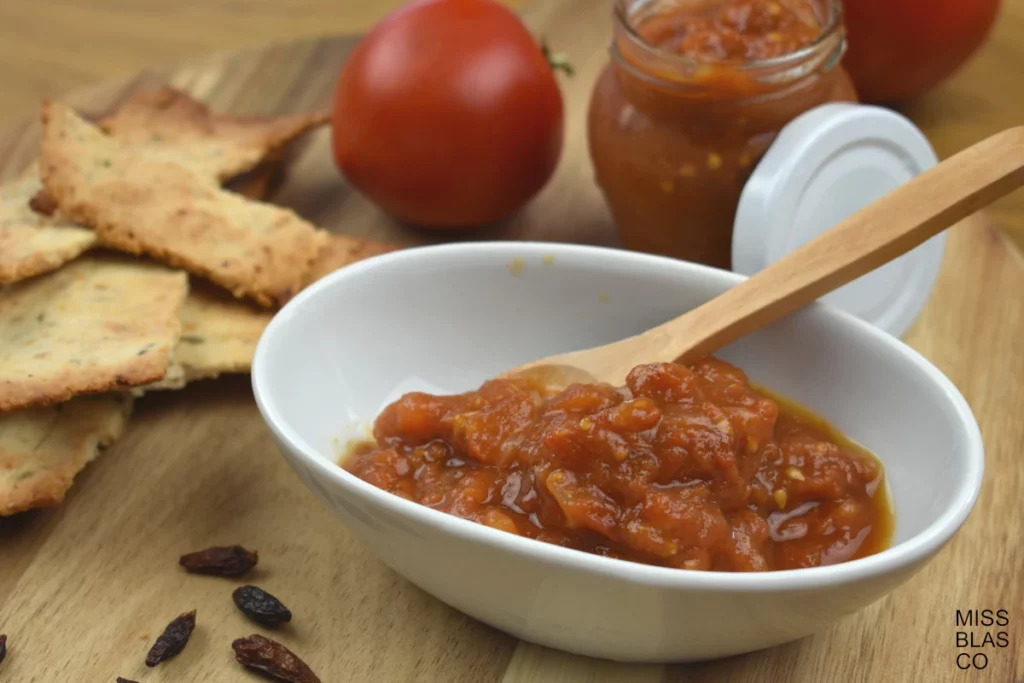 tomato chutney in a white bowl