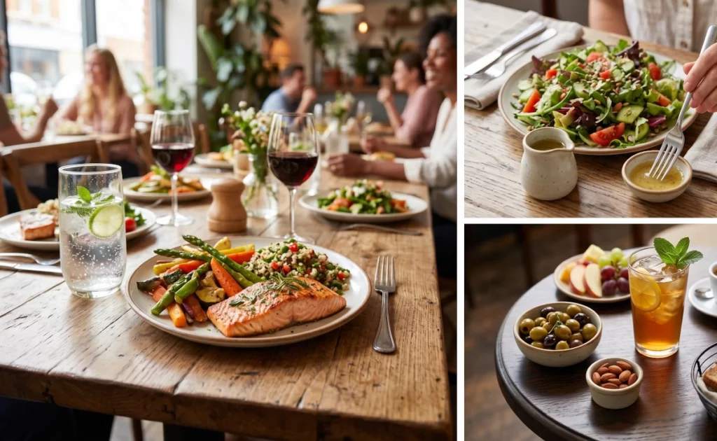 Restaurant View of a wooden table with a healthy meal